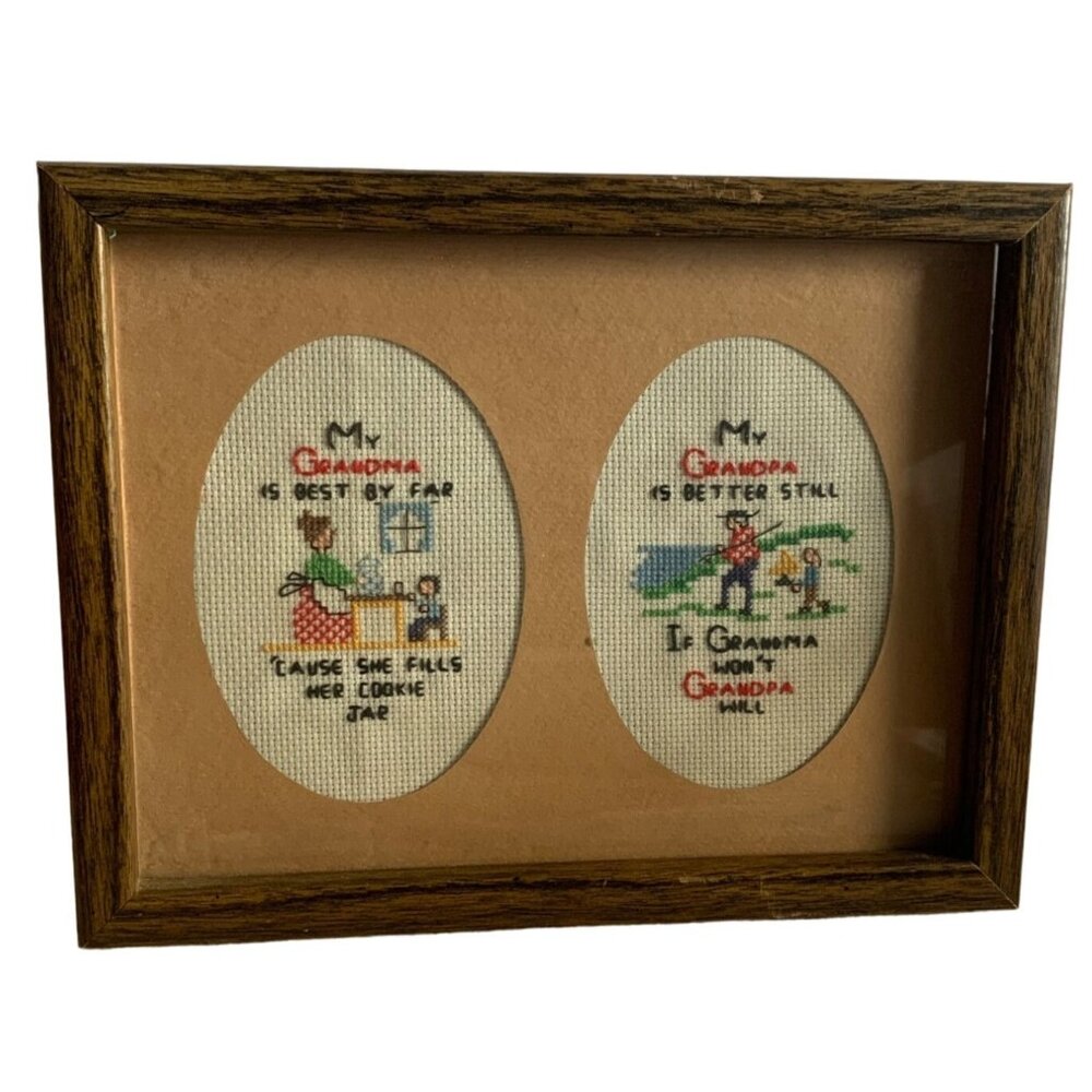 Grandma & Grandpa Cross Stitch Framed Wall Art 8.5x7" Funny Vintage Decor